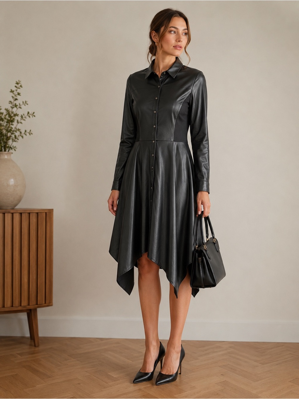 BCBGMAXAZRIA Black Faux Leather Shirt Midi Dress Size M Asymmetric Hem